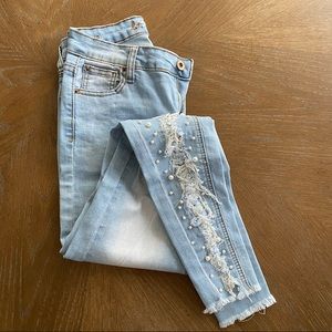 Pearl Studded Jeans with Rip Details